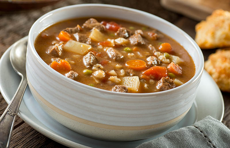 bowl delicious beef barley soup carrots | winter dinner menu