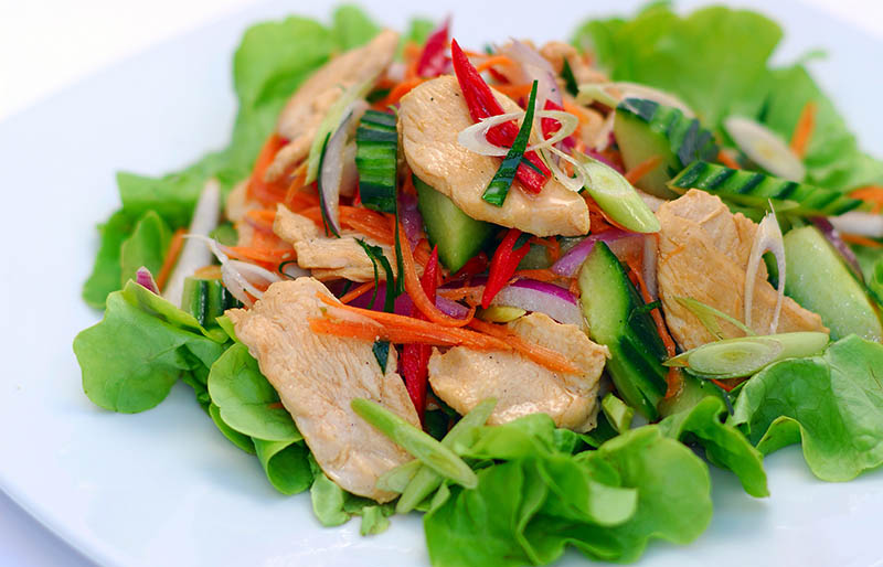 thai chicken salad white plate | winter salad recipes
