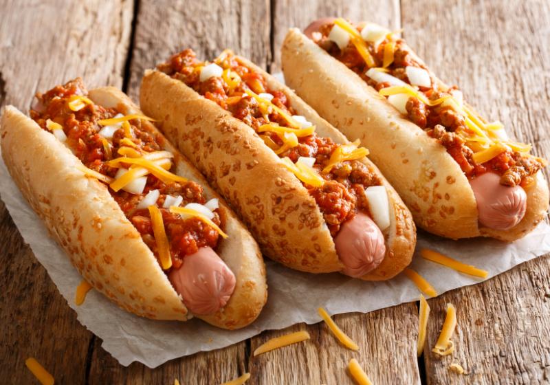 three tasty chili hot dogs cheddar | football finger food