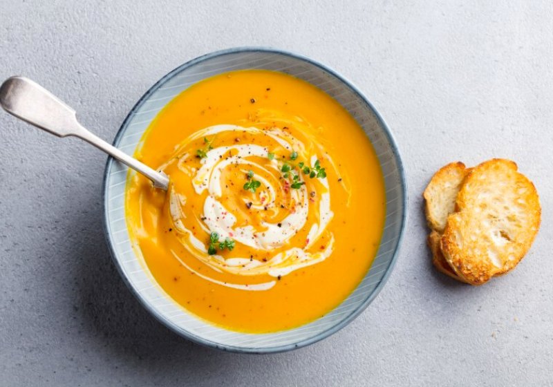 pumpkin carrot soup cream on grey | diabetic menu