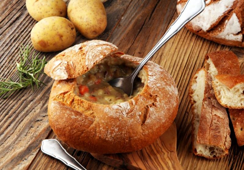 homemade potato cream soup served bread | vegan bread bowl
