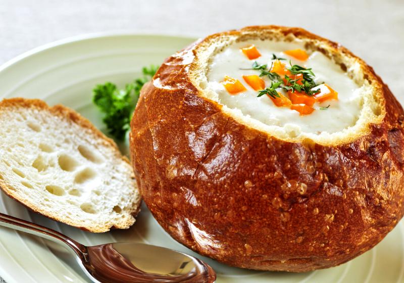 lunch soup served baked round bread | chicken bread bowl recipe
