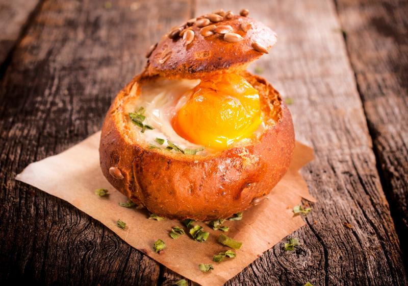 single bun stuffed baked egg | sourdough bread bowl