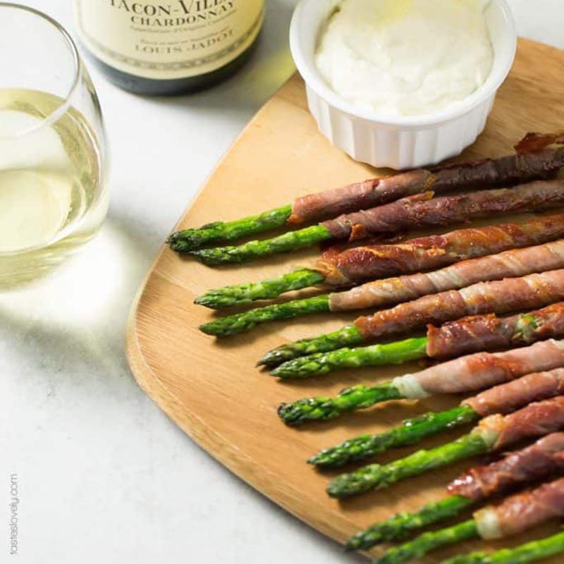 paleo prosciutto wrapped asparagus appetizer with lemon garlic aioli paleo gluten free whole | new year's eve dinner ideas