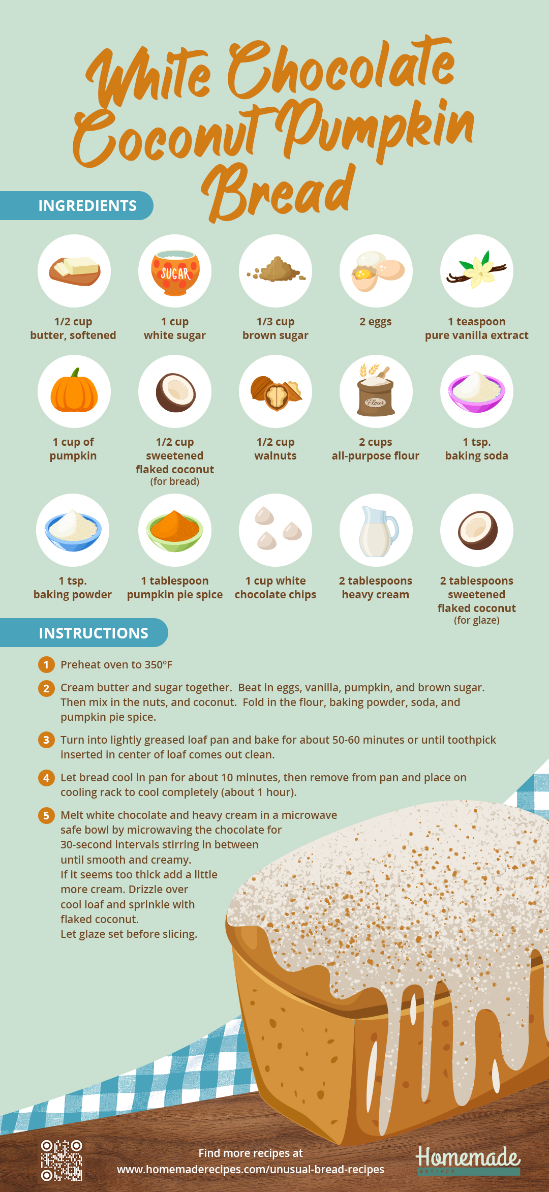 White Chocolate Coconut Pumpkin Bread | Unusual Bread Recipes You Have To Try [INFOGRAPHIC]
