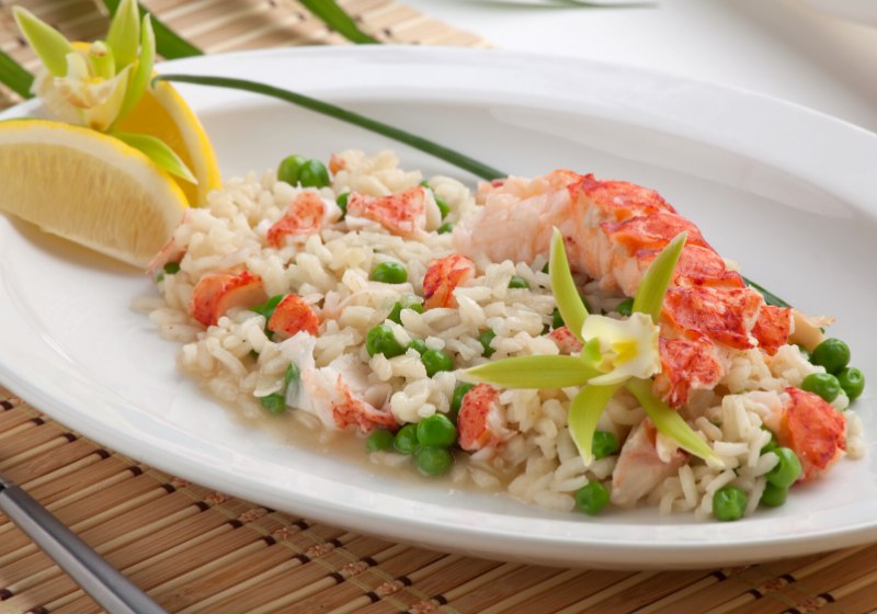 lobster green pea risotto garnished chives | romantic pasta recipes