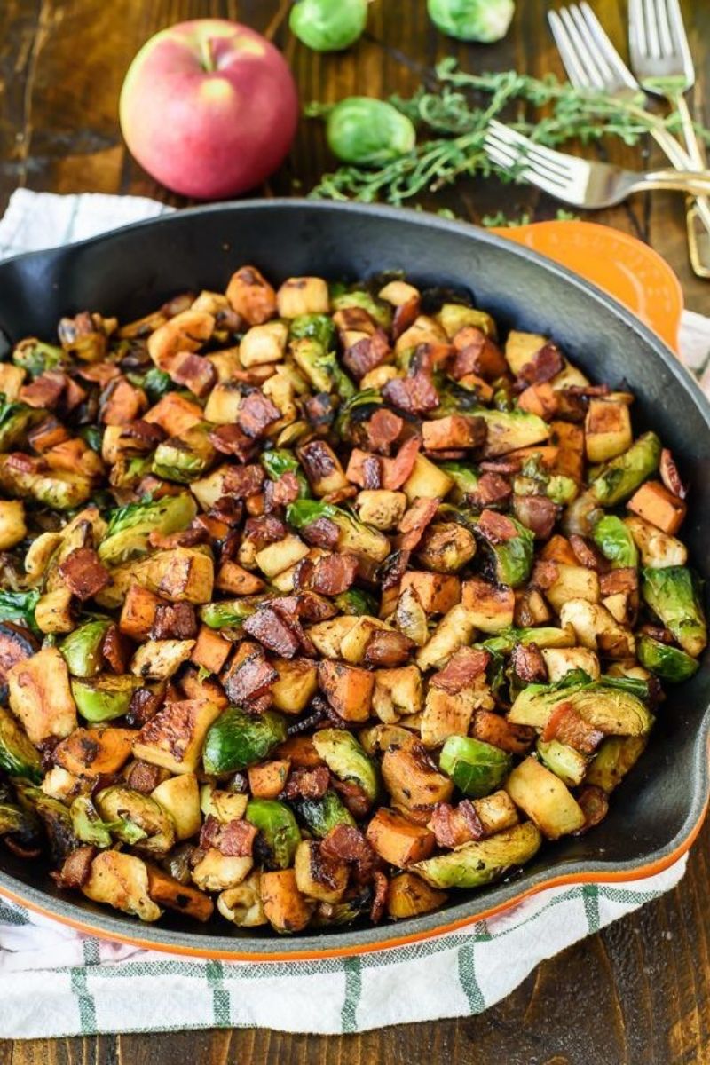 Chicken, Apple, Sweet Potato, and Brussels Sprouts Skillet | fall menu ideas