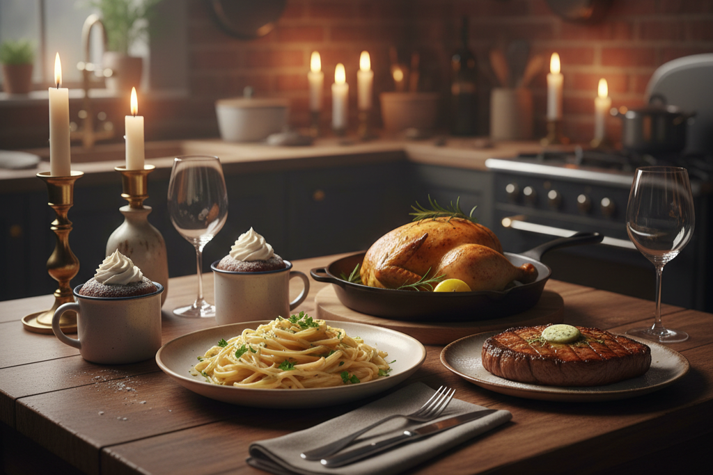 Romantic candlelit table featuring creamy garlic parmesan pasta, seared steak, roasted chicken, and chocolate mug cakes, styled as elegant first date dinner recipes in a cozy home kitchen setting.
