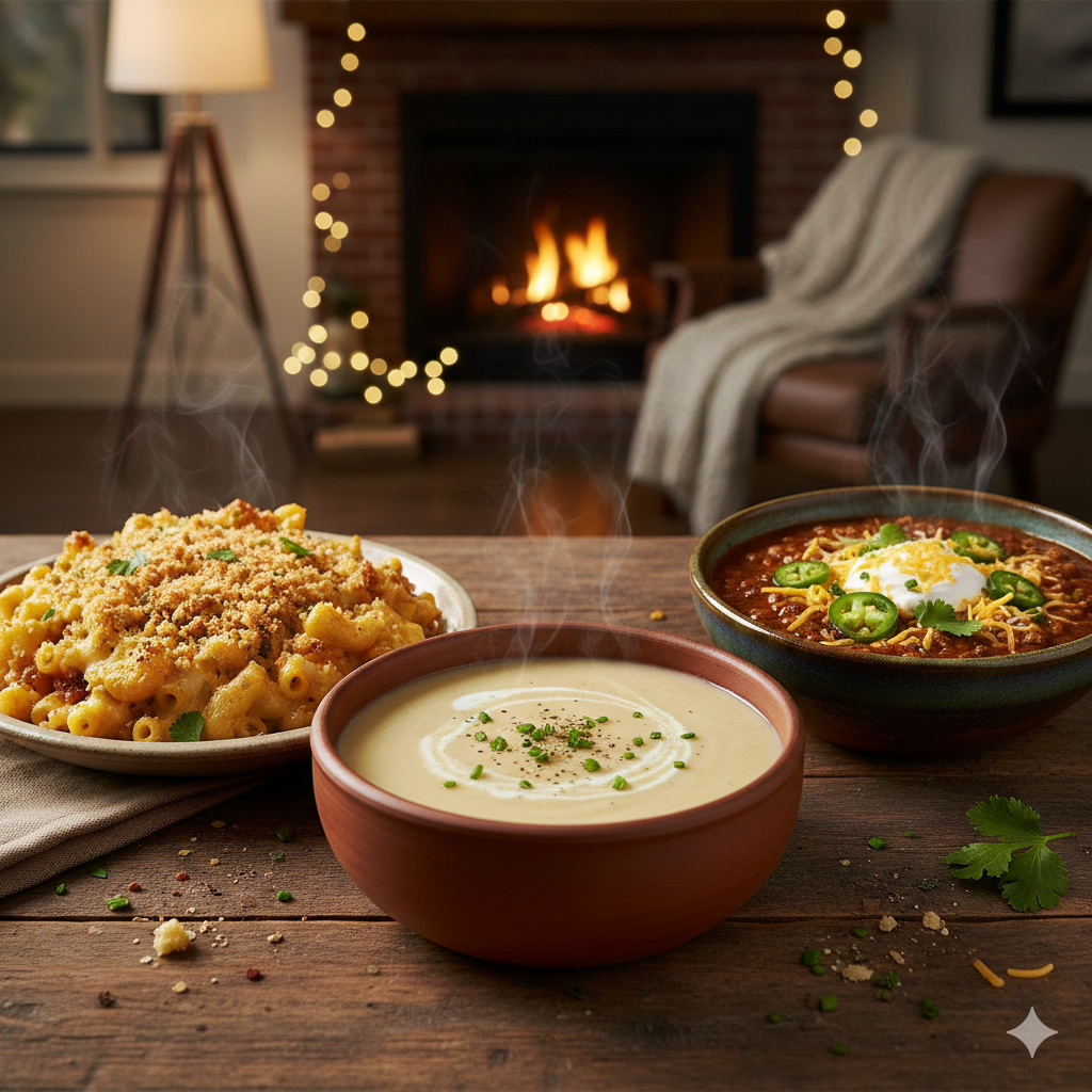 “Three winter comfort foods on a wooden table, including creamy potato soup, baked mac and cheese, and hearty chili, set in a cozy living room with a glowing fireplace.
