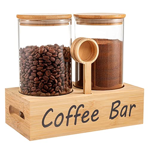 Glass Coffee Containers with Shelf Printed Coffee Bar- 2 Pcs 49oz BPA Free  Coffee Storage Jars with Airtight Sealed Bamboo Lids Spoon, Kitchen Food  Storage Jars for Coffee Beans & Powder, Sugar