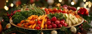 a colorful and artfully arranged assortment of seasonal veggies on a festive christmas platter.