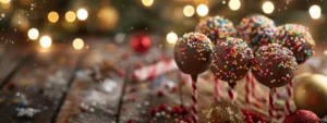 a festive spread of christmas cake pops adorned with colorful sprinkles, displayed on a rustic wooden table.