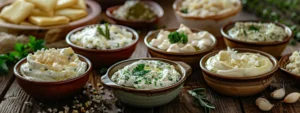 a rustic wooden table covered in assorted garlic parmesan dips, garnished with fresh herbs and served in rustic ceramic bowls, ready for a festive christmas feast.