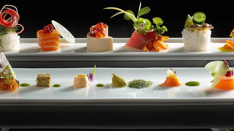 a sophisticated platter of delicately garnished hors d'oeuvres displayed on a sleek, modern serving tray.