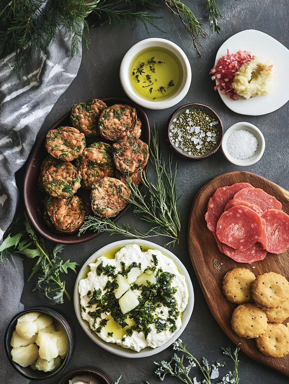 a festive table spread with a variety of gluten-free snacks enhanced with colorful herbs and spices, balanced with sweet and savory options, and featuring seasonal ingredients like olive oil and sea salt.