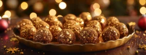 rich, decadent chocolate truffles dusted with shimmering edible gold powder arranged on a festive platter.