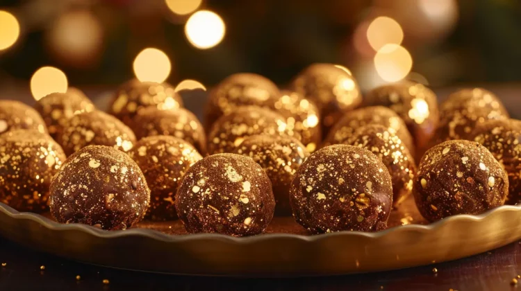 rich, decadent chocolate truffles dusted with shimmering edible gold powder arranged on a festive platter.