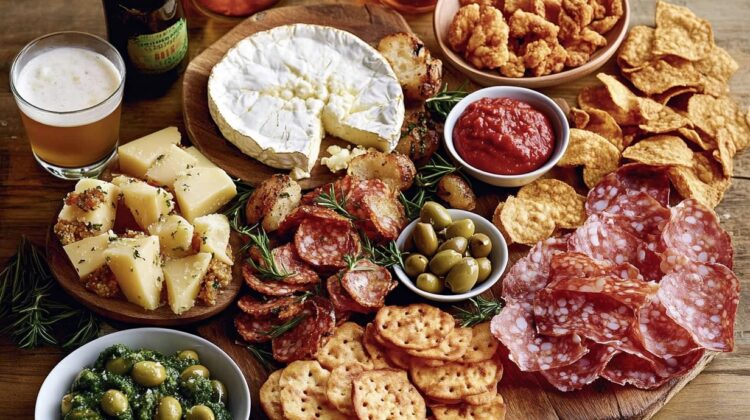 New Year's Eve gourmet food spread featuring assorted cheeses, prosciutto, salami, fried cheese balls, green olives, almonds, honeycomb, and potato chips, served on a rustic wooden board with beer bottles and a glass of beer.