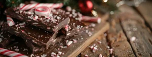 a rustic wooden table adorned with layers of rich dark chocolate and vibrant crushed candy canes, showcasing the process of creating classic peppermint bark at home during the joyful holiday season.