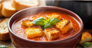 Creamy Tomato Basil Soup with Grilled Cheese Croutons Recipe 🍅🧀