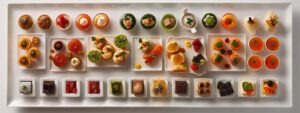 a vibrant array of miniature appetizers arranged on a sleek, white serving platter, showcasing a variety of unique and visually appealing dishes.