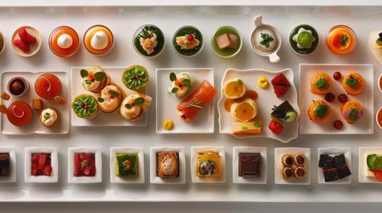 a vibrant array of miniature appetizers arranged on a sleek, white serving platter, showcasing a variety of unique and visually appealing dishes.