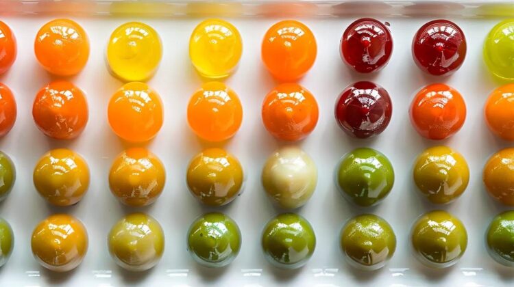 vibrant, meticulously arranged tray of colorful bite-sized appetizers on a sleek white serving platter.