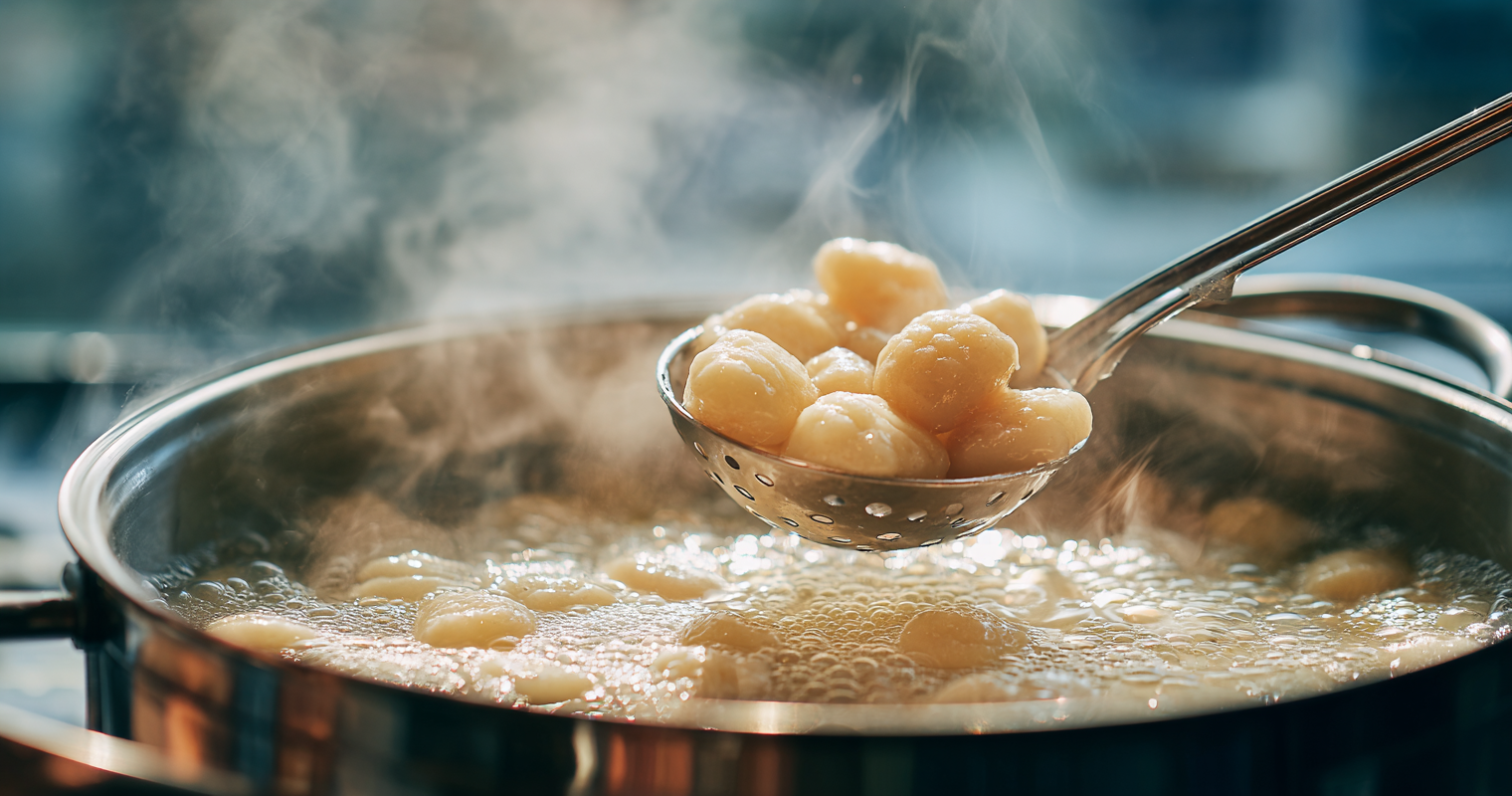A close-up photo of a ladle with gnocchi taken out from a boiling pot