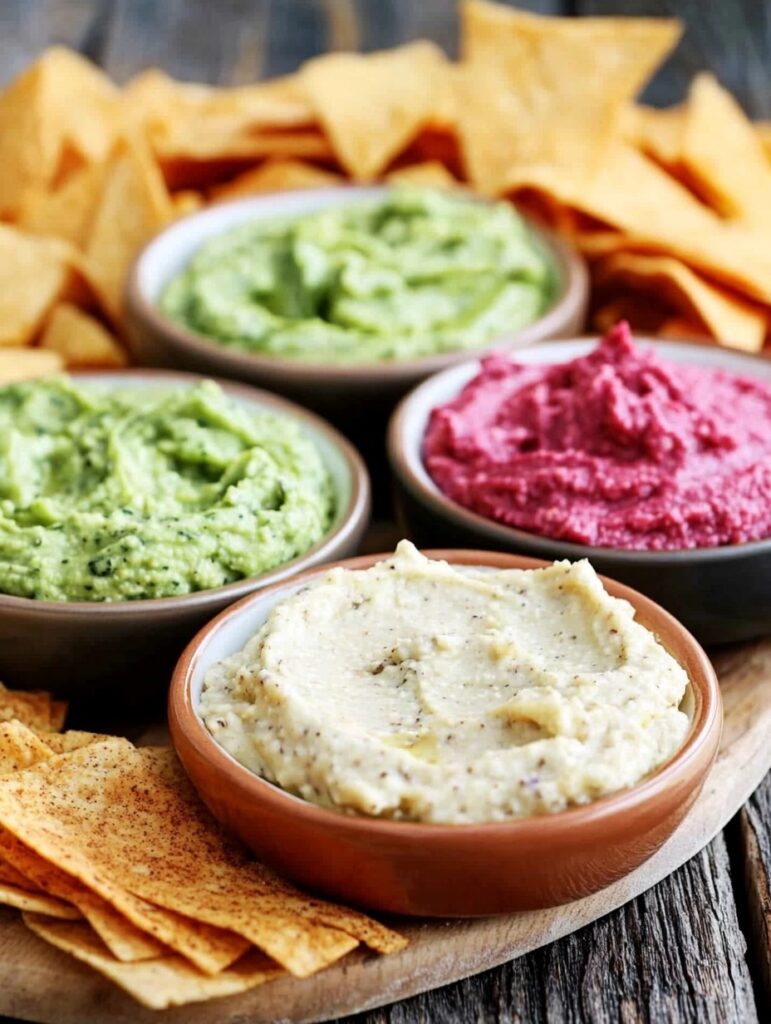 a festive table spread with vibrant cranberry salsa, creamy spinach and herb dip, and assorted veggies and crostini, creating a colorful and inviting holiday appetizer display.