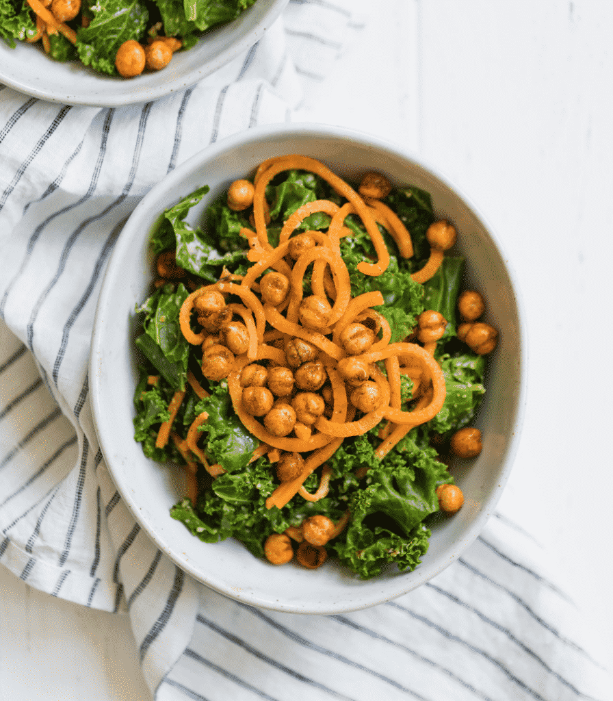 Vegan Kale and Sweet Potato Noodle Caesar Salad With Crispy Spiced Chickpeas, see more at https://homemaderecipes.com/healthy/11-vegetable-spiralizer-recipes