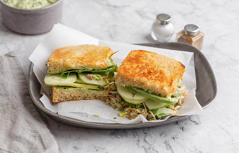 green goddess sandwich on pewter tray | halloumi cheese recipe