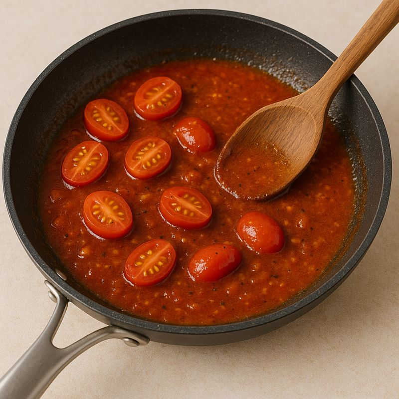 A top-view photo of tomatoes in a cooking pan