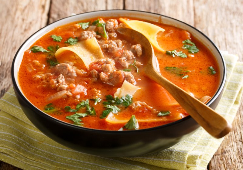portion rich lasagna soup close plate | crockpot lasagna soup