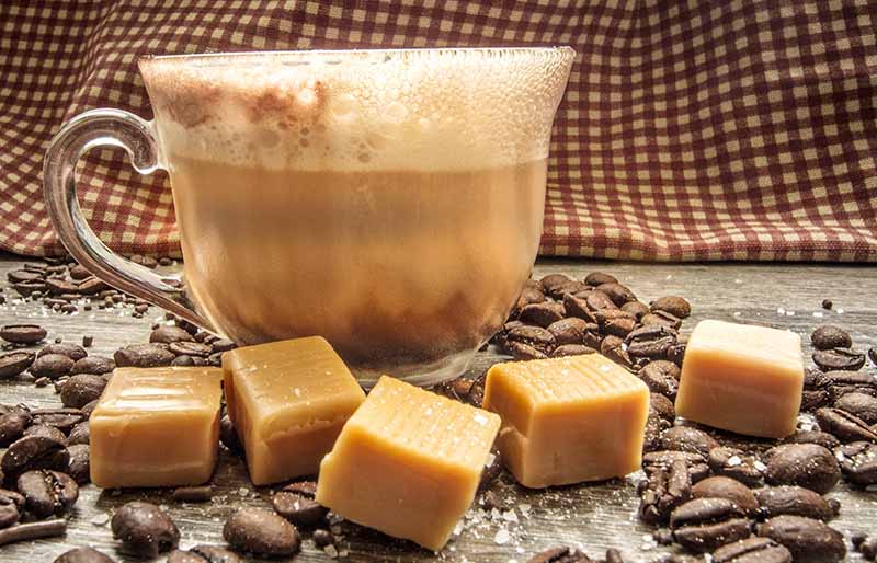 salted caramel latte surrounded by coffee | homemade coffee creamer