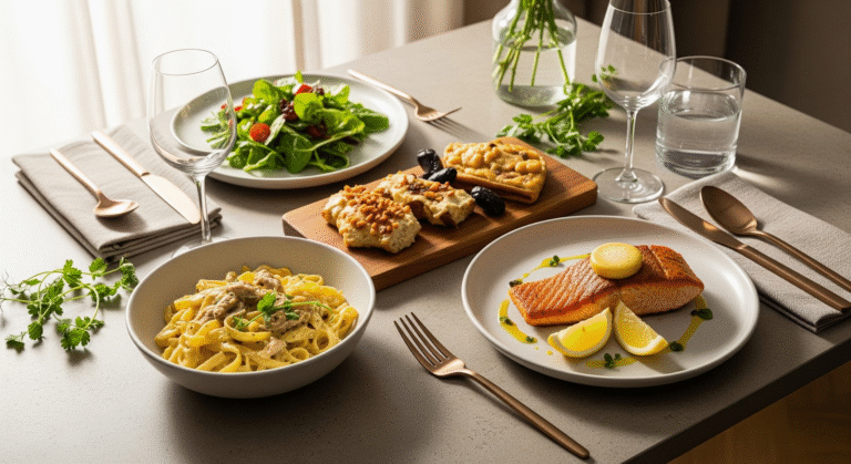 Cozy date-night table for two with creamy pasta, seared salmon, green salad, and a small dessert on stone surface