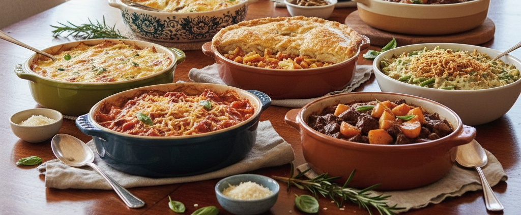 A table set with several baked dishes showing cheap casserole recipes, including hearty pasta bakes and vegetable casseroles served family-style in oven dishes.