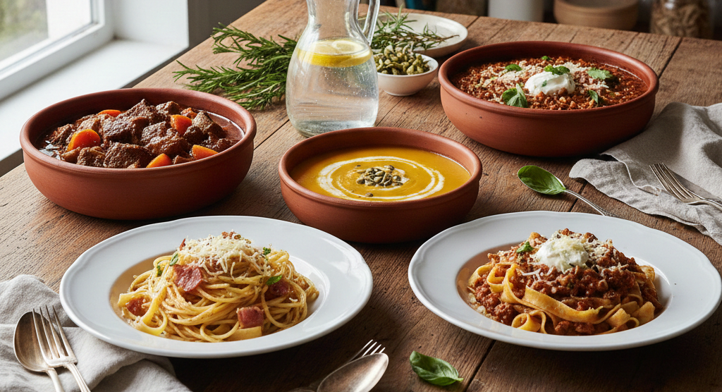 30-minute one-pot meals including hearty chili, pasta, and soup served with bread and fresh herbs, perfect for cold nights.