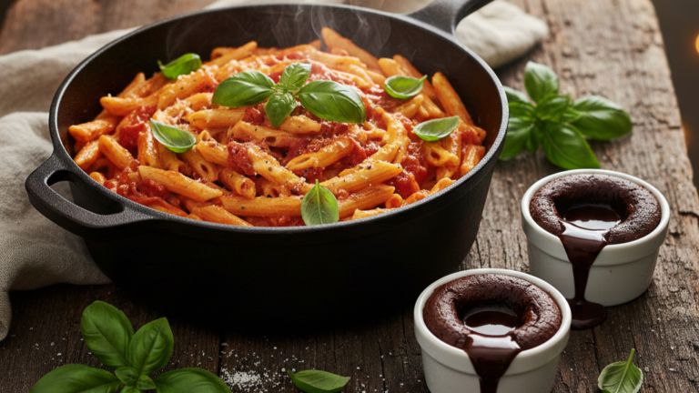 Cozy Valentine’s dinner featuring one-pot creamy tomato basil pasta in a skillet with fresh basil and mini molten chocolate desserts served in ramekins.