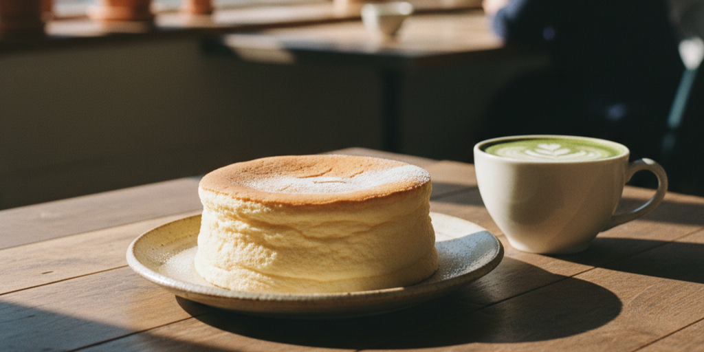 2-ingredient Japanese cheesecake with a golden top and fluffy, airy texture served on a ceramic plate beside a latte on a wooden café table.