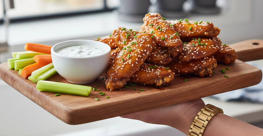 A wooden platter featuring a variety of snacks, including buffalo chicken wings with dipping sauce, pretzels, popcorn, fresh fruit like grapes and strawberries, broccoli, and colorful vegetables like carrots, cucumber, and bell peppers, along with several dips. Perfect for a $25 game day snack board.