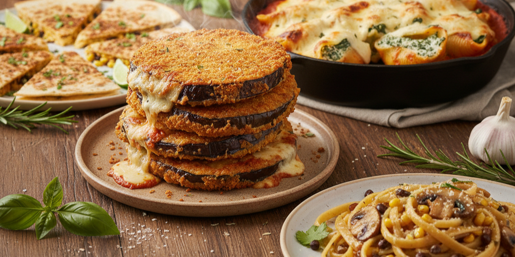 Lenten meatless meal ideas featuring crispy eggplant parmesan, spinach and ricotta stuffed shells, black bean quesadillas, and garlic butter mushroom fettuccine.