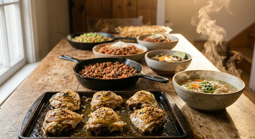 Sheet pan of roasted chicken thighs with seven budget dinners spread across a wooden table, showing how to feed a family of 4 on a budget for the whole week.You said: BBQ & grill