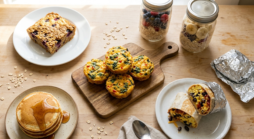 A wooden tray holding five cheap family breakfast ideas made ahead for the week: baked oatmeal, overnight oats, egg muffins, a freezer burrito, and a short pancake stack with maple syrup.