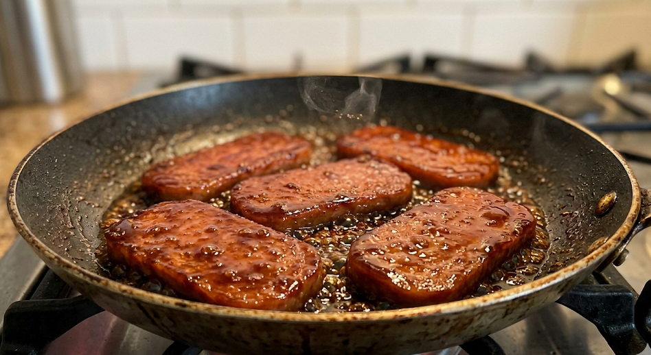 **ALT TEXT**

Five glazed Spam slices searing in a dark skillet on a gas stovetop, coated in a caramelized soy-brown sugar glaze with steam rising from the pan.