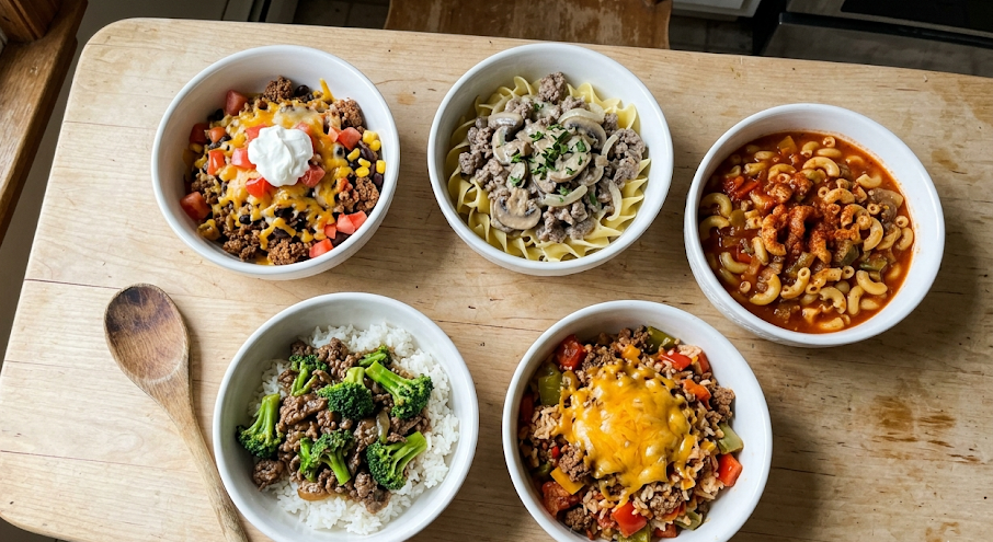Five easy ground beef skillet recipes served in white bowls on a wood cutting board: taco skillet with cheese and sour cream, beef stroganoff over egg noodles, American goulash with macaroni, ground beef and broccoli over rice, and stuffed pepper skillet with melted cheddar, with a wooden spoon resting alongside.
