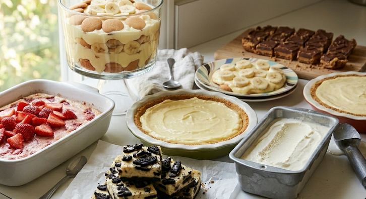 An overhead shot of seven easy no bake summer desserts spread across a weathered wood picnic table at golden hour. From left to right: a white baking dish of strawberry cheesecake topped with fresh sliced strawberries, a glass trifle bowl of banana pudding layered with vanilla wafers and banana slices, a plate of banana slices arranged in a circle, Oreo cheesecake bars on parchment paper, a round pie dish of lemon cream cheese icebox pie, a loaf pan of no churn ice cream with an ice cream scoop resting beside it, and a second round pie dish of cream cheese pie. Paper plates, plastic spoons, and napkins scattered naturally across the table. Warm evening light across the full spread of easy no bake summer desserts.
