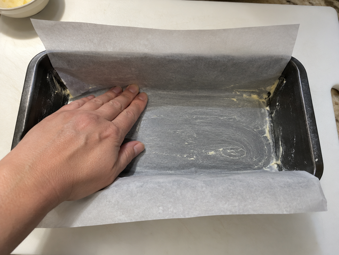 Lining a buttered 9x5 loaf pan with a parchment sling