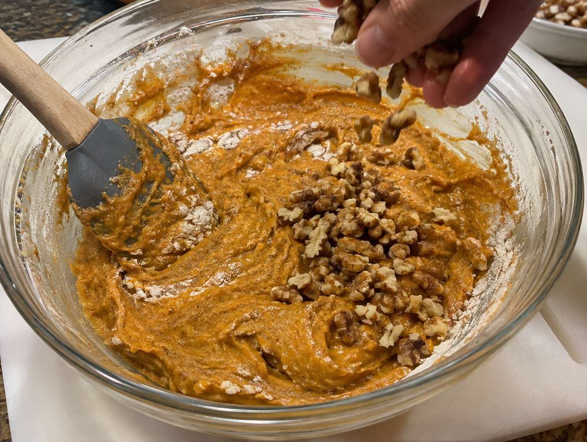 Folding flour into pumpkin bread batter with walnuts, a few flour streaks left