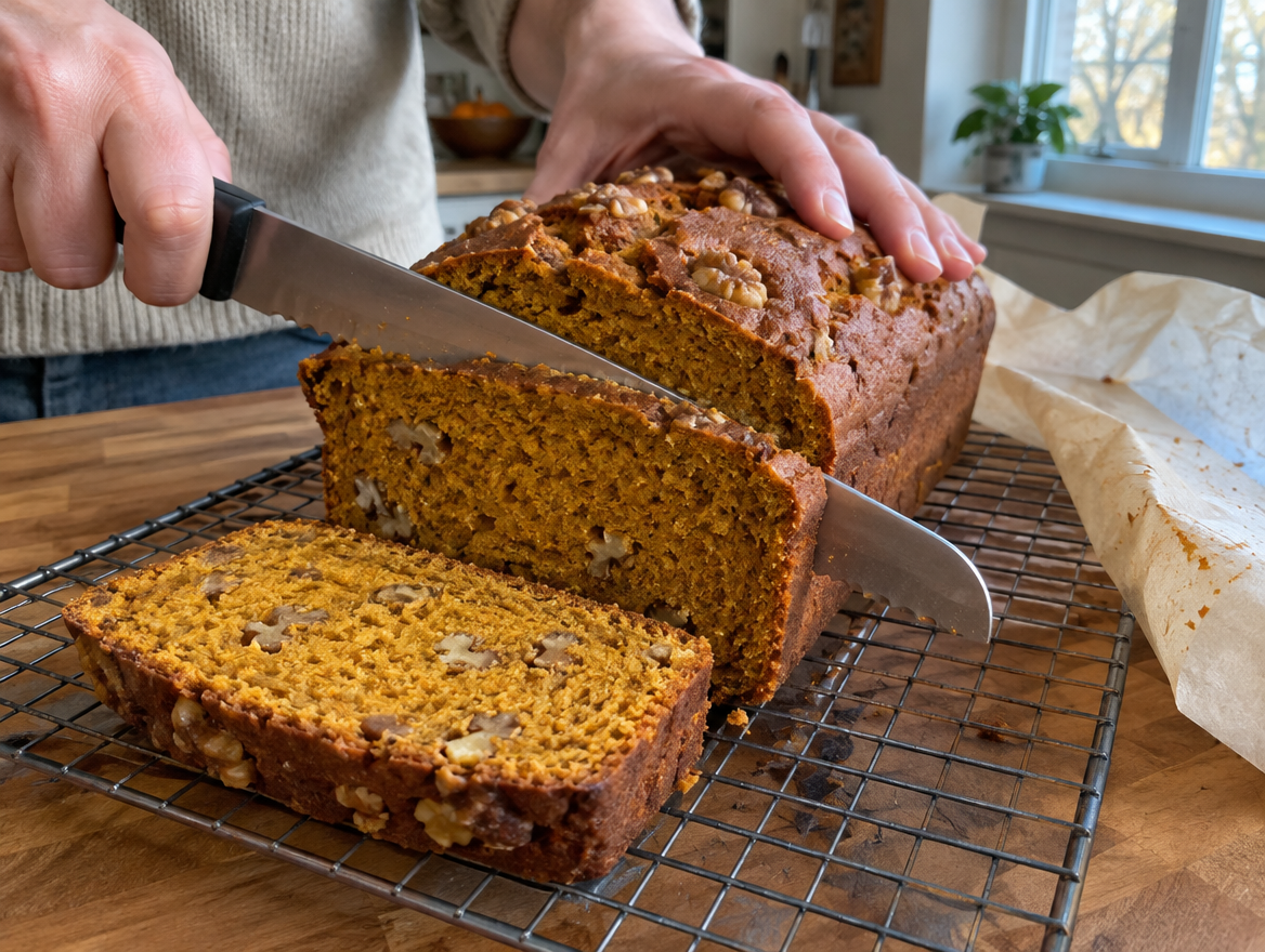 Slicing cooled homemade pumpkin bread with a serrated knife on a cooling rack