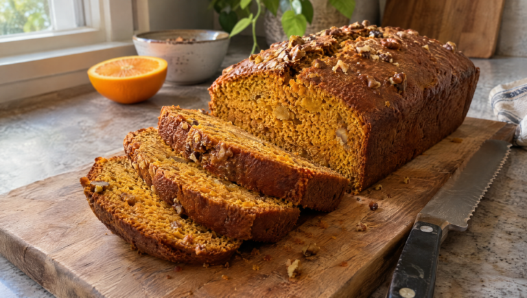 Homemade pumpkin bread loaf with walnuts on a wooden board, three slices cut to show a moist orange crumb